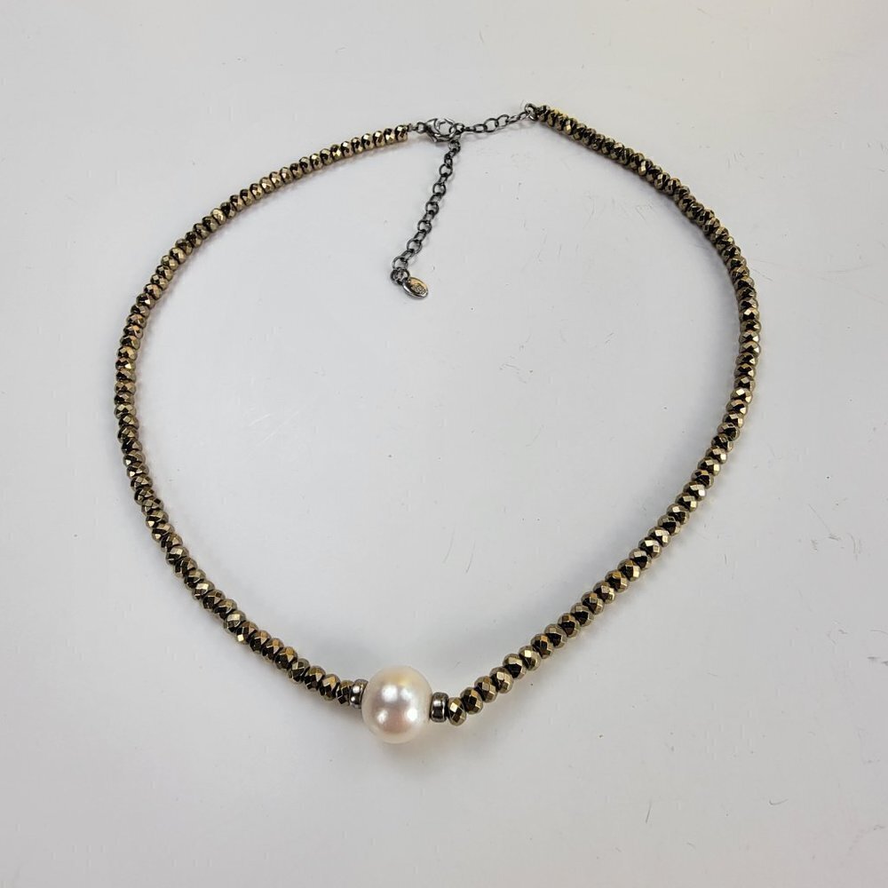 Lucas Lameth Sterling Silver Cream Pearl Charm Gold Tone Nugget Beaded Necklace - Picture 5 of 9